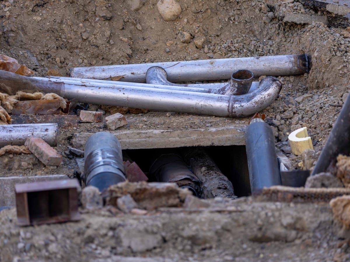 Open excavation exposing underground utility pipes and connections during a pipe replacement.
